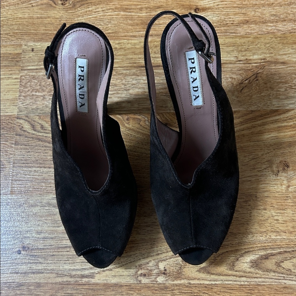 PRADA Elegant Brown Suede Slingback Heels Size 8 Made in Italy - Picture 2 of 11